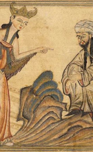 En gammel illustrasjon som viser Muhammed motta åpenbaringer fra Allah via erkeengelen Jibra'il (Gabriel)