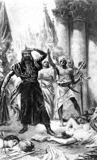 Denne illustrasjonen skildrer én av Muhammeds mange massakrer på jødiske stammer.