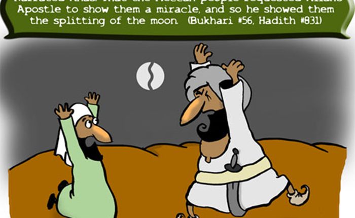 Én av de mange eventyrfortellingene i Hadith handler om da Muhammed angivelig skal ha vist frem et mirakel ved å splitte månen i to.